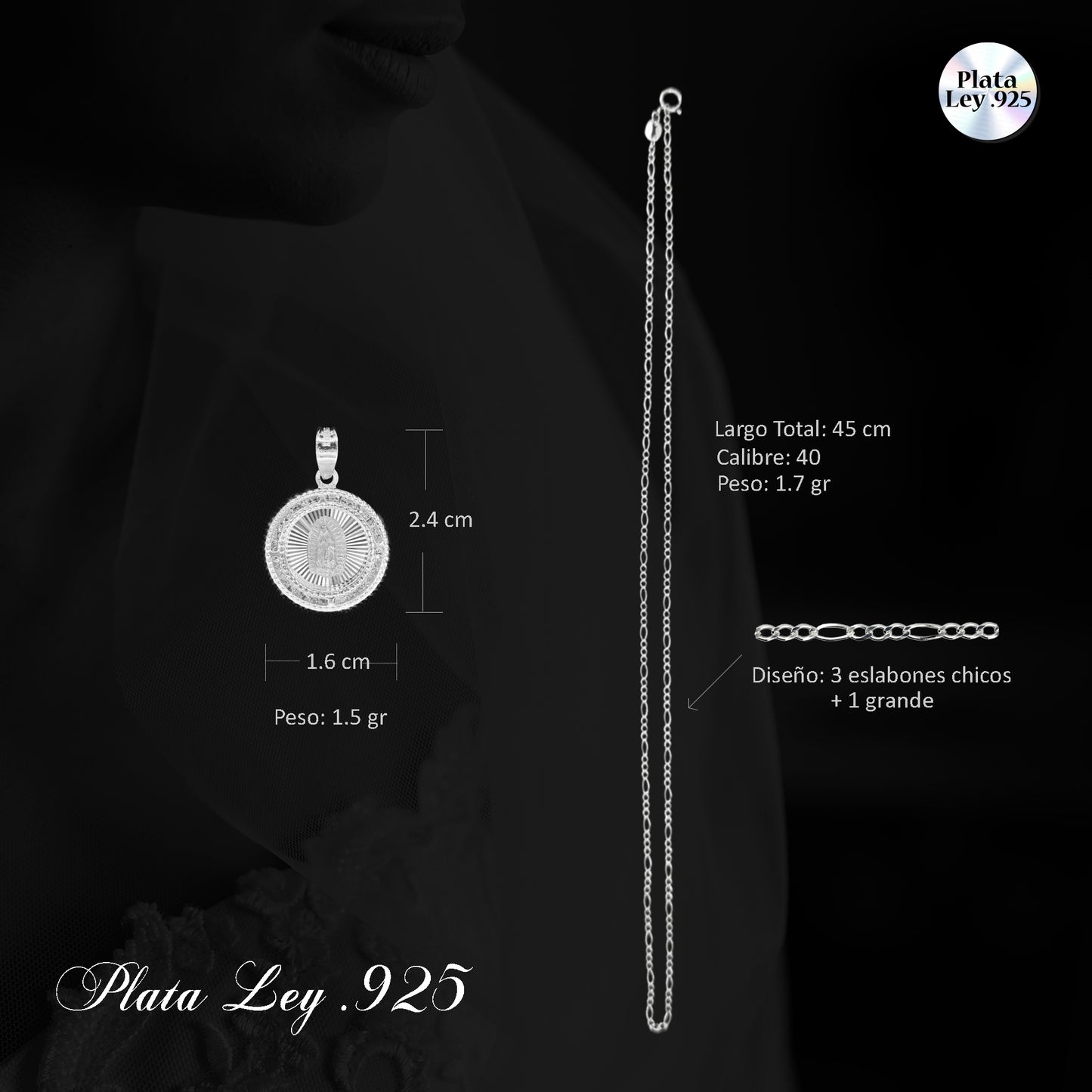 Dije Circular Virgen de Guadalupe Plata .925 con Zirconias y Cadena de 40/45 cm