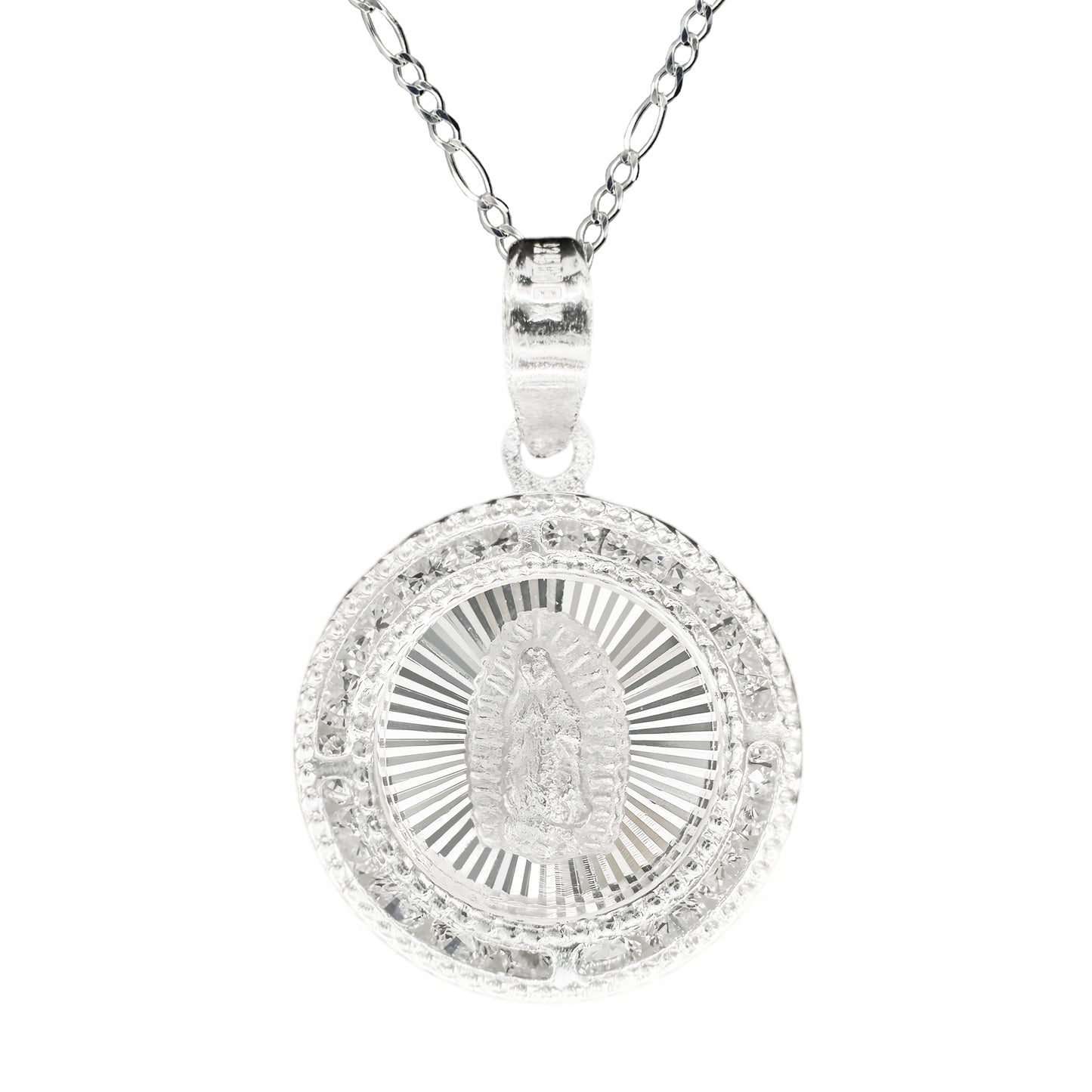 Dije Circular Virgen de Guadalupe Plata .925 con Zirconias y Cadena de 40/45 cm