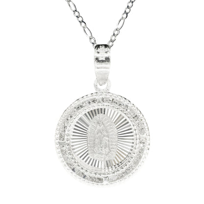 Dije Circular Virgen de Guadalupe Plata .925 con Zirconias y Cadena de 40/45 cm