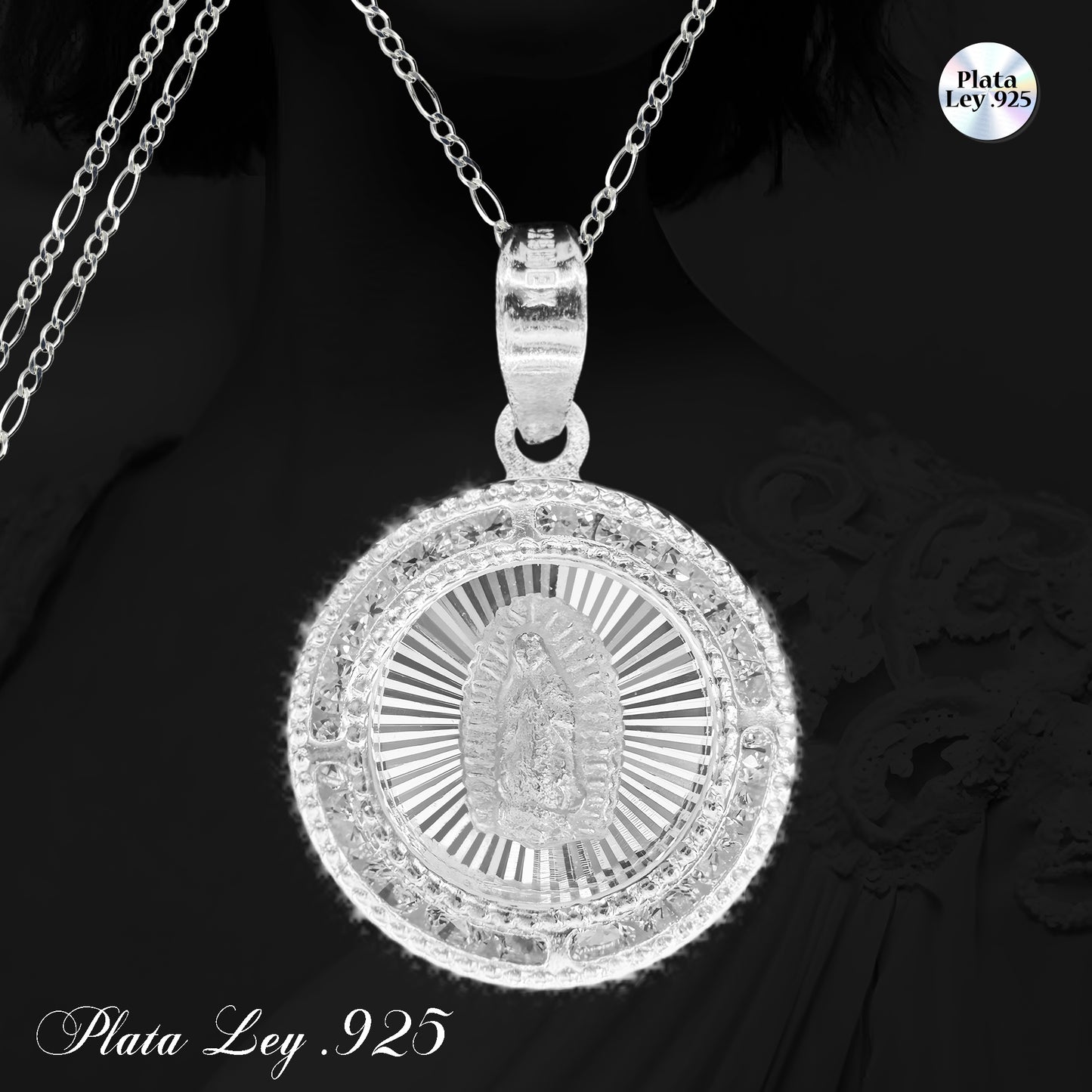 Dije Circular Virgen de Guadalupe Plata .925 con Zirconias y Cadena de 40/45 cm
