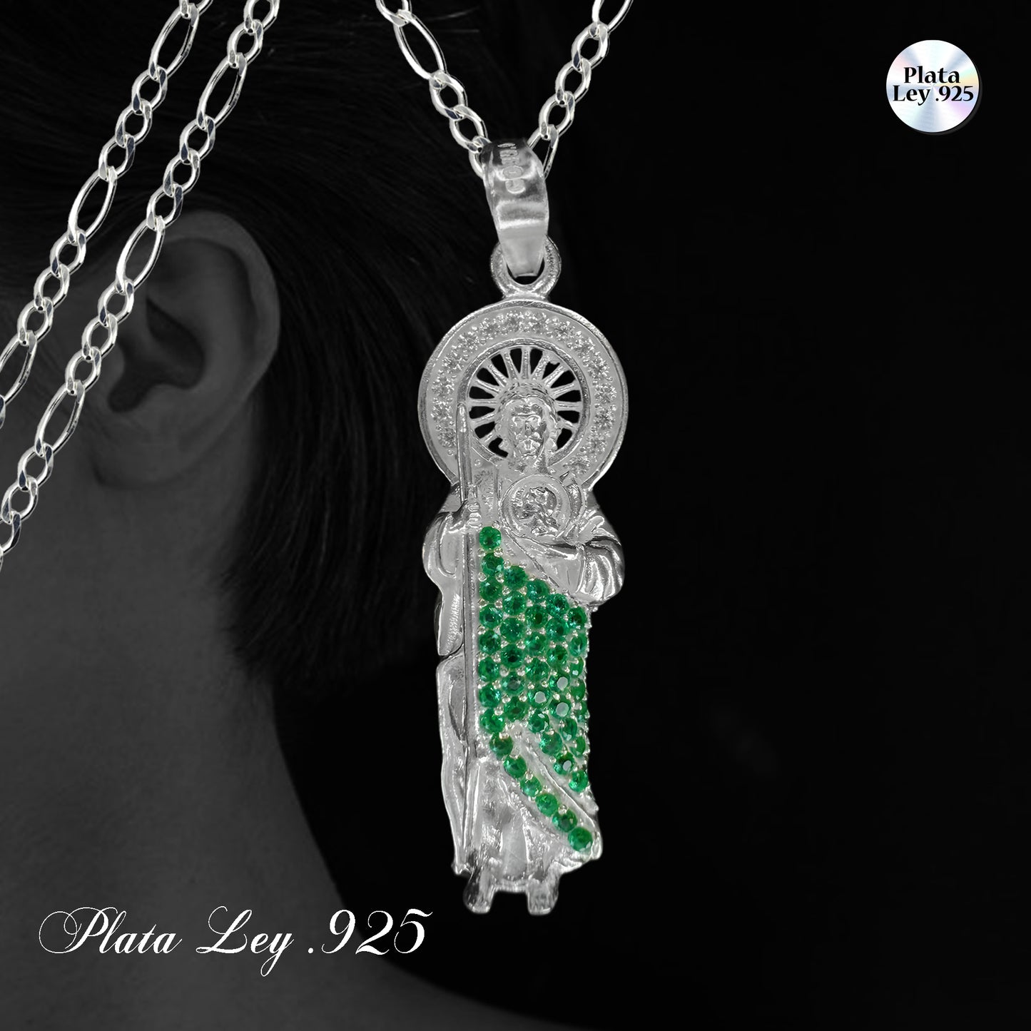 Dije San Judas Tadeo Plata .925 con Zirconias y Cadena 55 cm