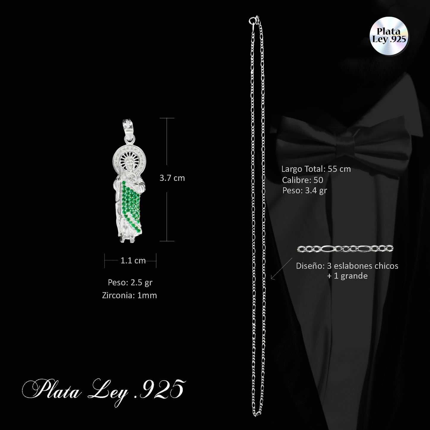 Dije San Judas Tadeo Plata .925 con Zirconias y Cadena 55 cm