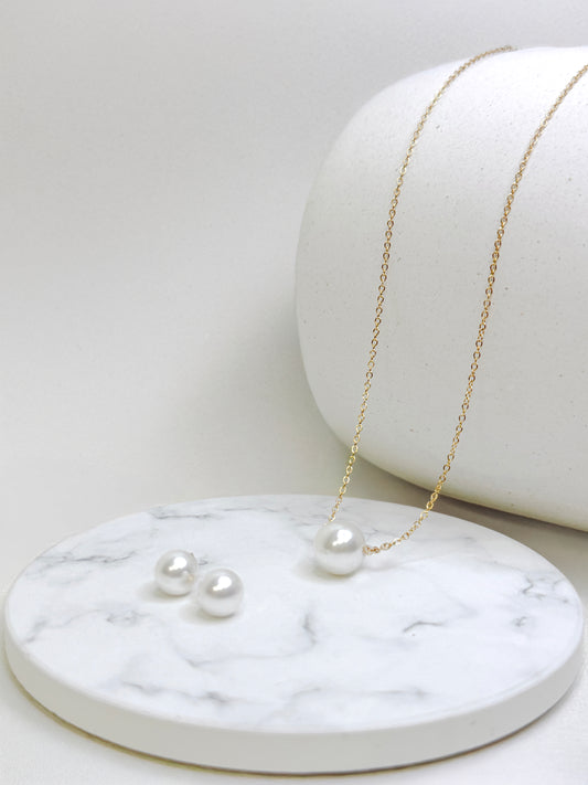 Set Aretes y Dije de Perla Acero Inoxidable